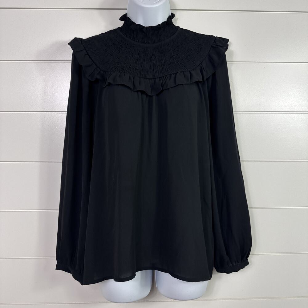 LOFT Smocked Long Sleeve Minimalist Blouse Shirt Black sz S